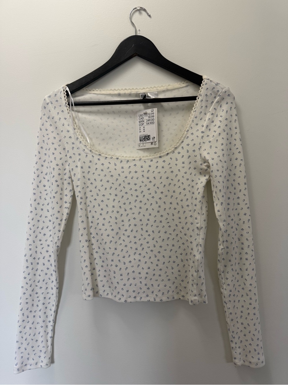 H&M Cream Long Sleeve Square-Neck Top with Blue Floral Print